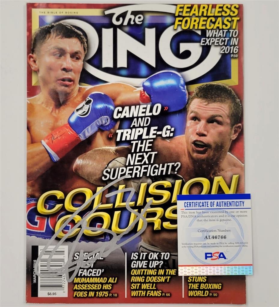 Saul Canelo Alvarez Signed The Ring Magazine PSA/DNA Authenticated: Saul Canelo Alvarez Signed The Ring Magazine PSA/DNA Authenticated This is an original The Ring Magazine featuring the autograph of renowned boxer Canelo Alvarez. The magazine is authenticated by Prof