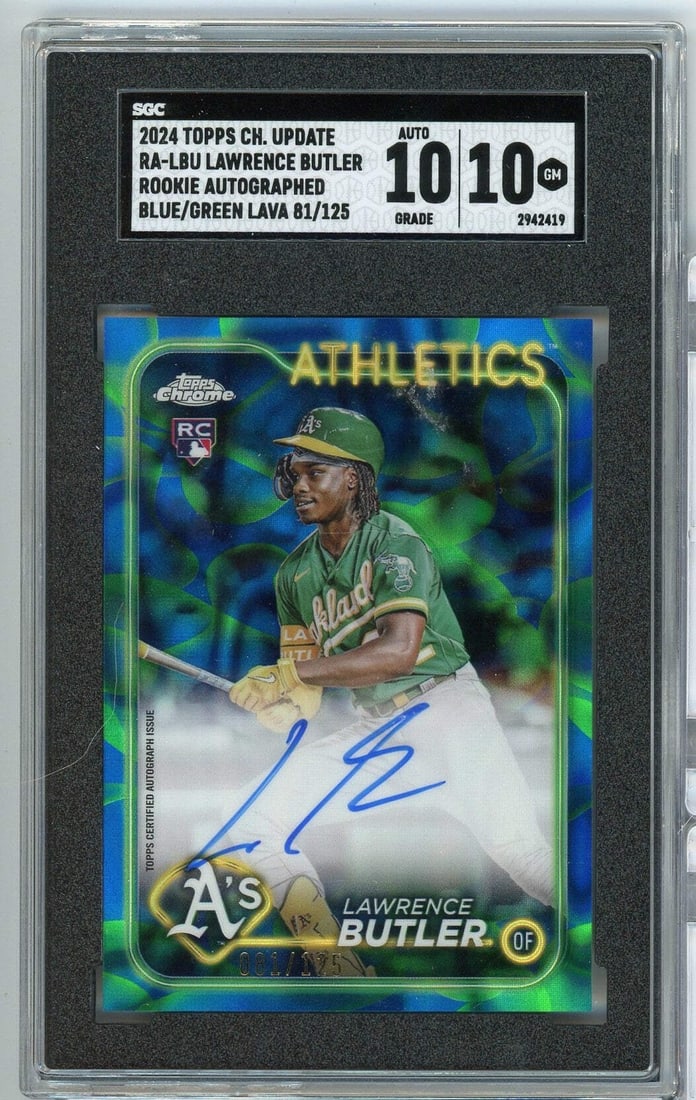 Lawrence Butler 2024 Topps Chrome Rookie Blue Green Lava SGC 10 Signed Card: Lawrence Butler 2024 Topps Chrome Rookie Blue Green Lava SGC 10 Signed Card This is an original 2024 Topps Chrome Lawrence Butler Blue Green Lava Rookie Card featuring an authentic autograph from Lawr