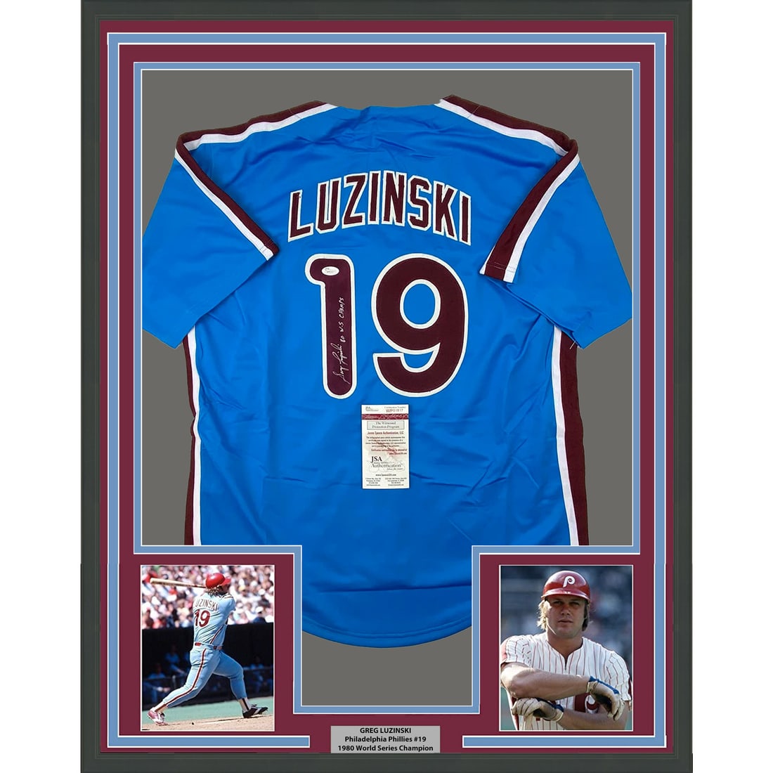 Framed Autographed Greg Luzinski Retro Jersey 33x42 JSA COA: Framed Autographed Greg Luzinski Retro Jersey 33x42 JSA COA Celebrate the legacy of Greg Luzinski with this professionally framed and autographed 1980 World Series Champions retro blue jersey. The jer