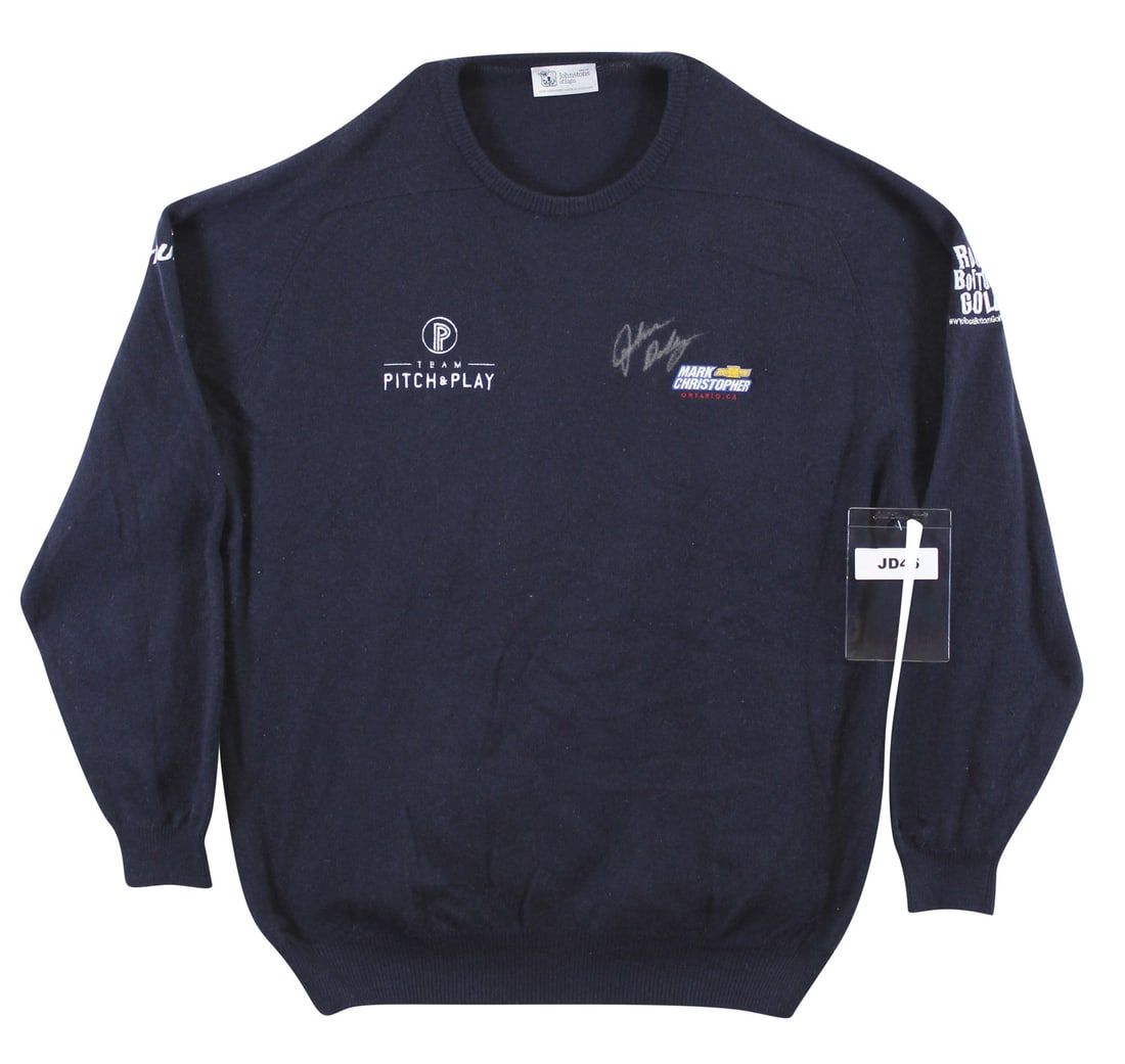 John Daly Signed Match Worn Navy Cashmere Sweater Beckett Authenticated: John Daly Signed Match Worn Navy Cashmere Sweater Beckett Authenticated This authentic John Daly signed match worn navy cashmere sweater from Johnstons of Elgin is a must-have for any golf enthusiast.