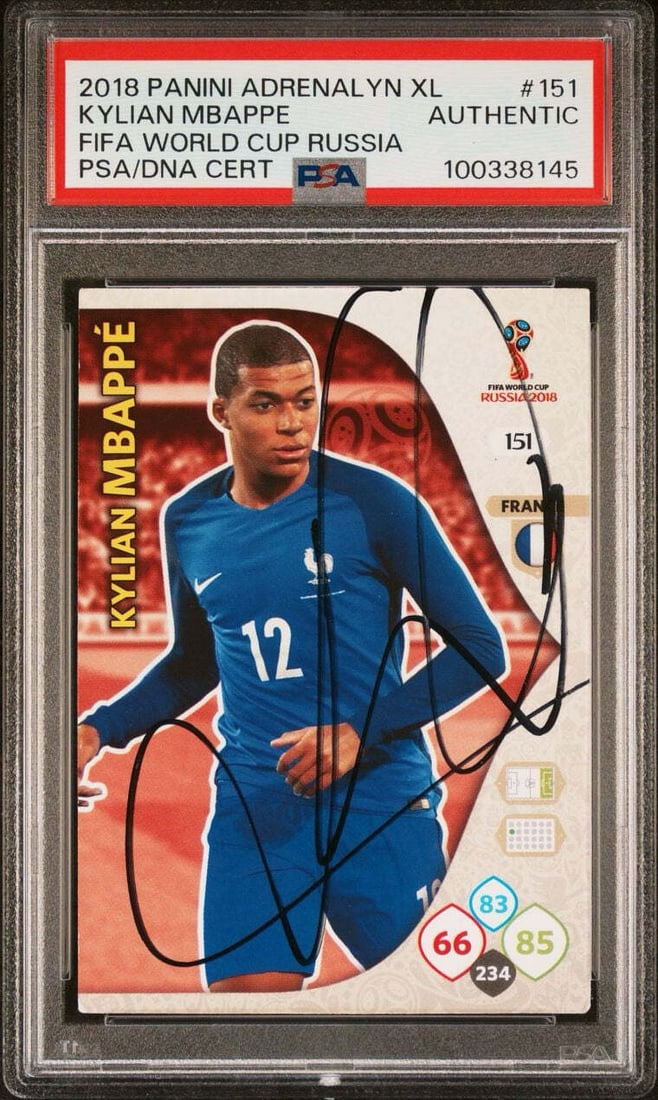 2018 Panini Adrenalyn XL FIFA World Cup #151 Kylian Mbappe Signed Card PSA: 2018 Panini Adrenalyn XL FIFA World Cup #151 Kylian Mbappe Signed Card PSA This is a 2018 Panini Adrenalyn XL FIFA World Cup Russia #151 sports trading card featuring an authentic signature from Kylia