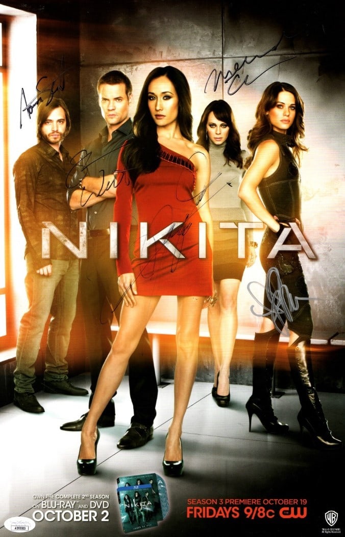 Nikita Multi Signed 11x17 Poster by Maggie Q and Cast JSA Authenticated: Nikita Multi Signed 11x17 Poster by Maggie Q and Cast JSA Authenticated This original 11x17 poster features autographs from the talented cast of the TV series Nikita, including Maggie Q, Lyndsy Fonsec