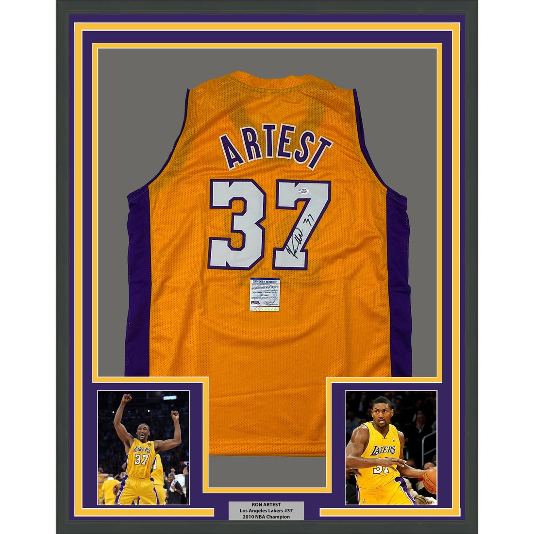 Framed Ron Artest Autographed Lakers Jersey 33x42 with PSA/DNA COA (1 of 2)