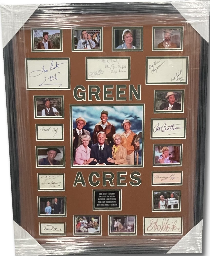 Framed Green Acres Cast Autograph Display with Beckett Authentication 26x32: Framed Green Acres Cast Autograph Display with Beckett Authentication 26x32 This is a framed display featuring autographed cut signatures from the cast of Green Acres. The signatures include Eddie Alb