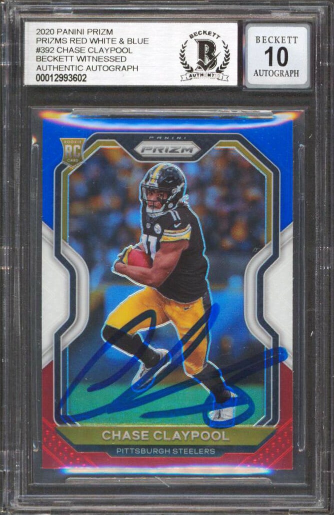 Chase Claypool Signed 2020 Panini Prizm R,W,B #392 Rookie Card Gem Mint 10: Chase Claypool Signed 2020 Panini Prizm R,W,B #392 Rookie Card Gem Mint 10 This 2020 Panini Prizm Red, White & Blue #392 Rookie Card features a stunning autograph from Chase Claypool of the Pittsburgh