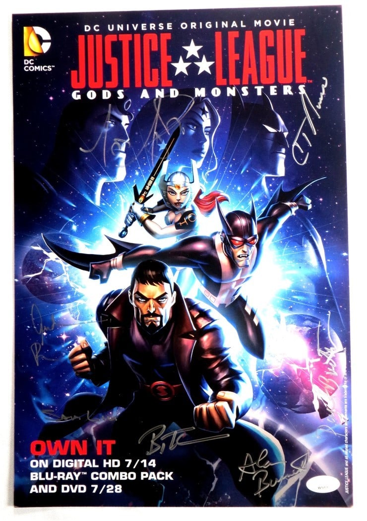 Justice League Gods and Monsters 10x15 Autographed Poster 7 Signatures JSA: Justice League Gods and Monsters 10x15 Autographed Poster 7 Signatures JSA This original 10" x 15" poster of "Justice League: Gods and Monsters" features seven autographs from notable contributors, in