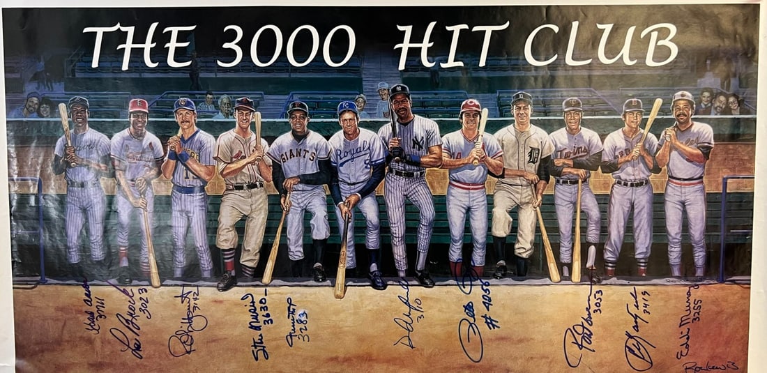 3,000 Hit Club Signed Lithograph Photo with 11 Legends JSA Authenticated: 3,000 Hit Club Signed Lithograph Photo with 11 Legends JSA Authenticated Celebrate the legendary achievements of baseball with this stunning large lithograph photo featuring the signatures of 11 iconi