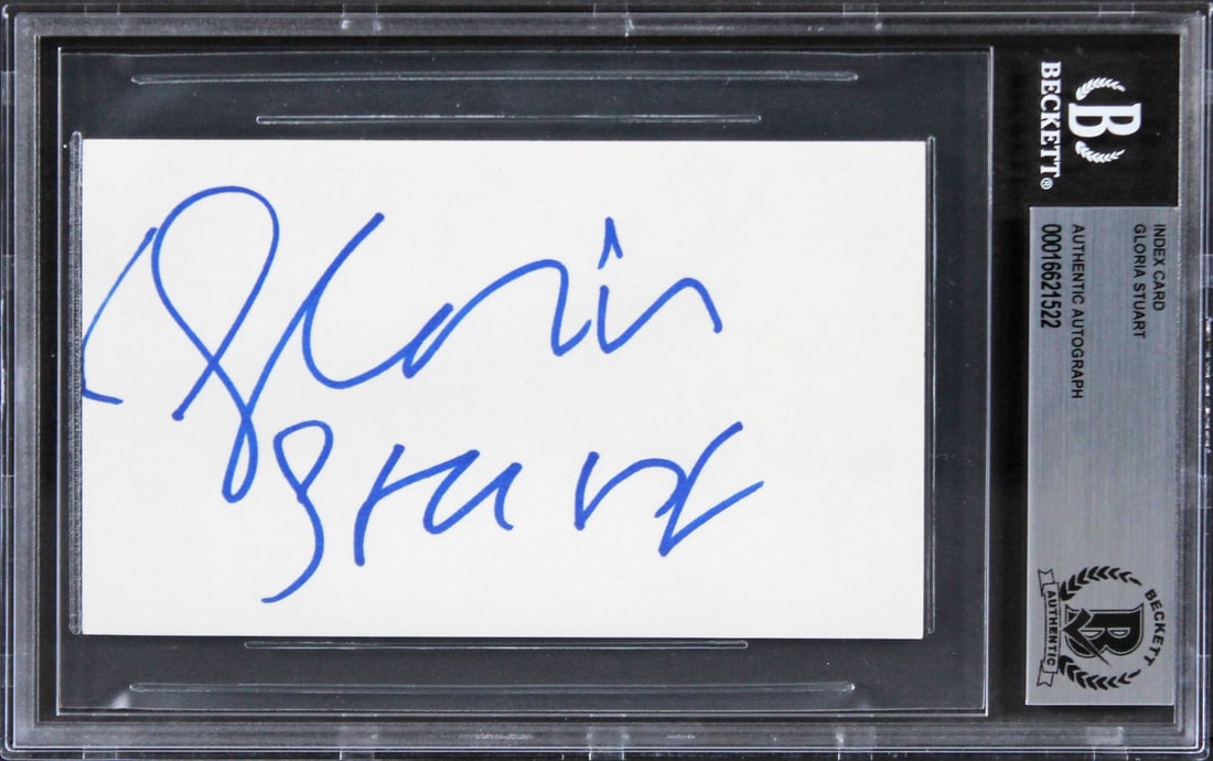 Gloria Stuart Titanic Signed 3x5 Index Card Beckett Authenticated: Gloria Stuart Titanic Signed 3x5 Index Card Beckett Authenticated This authentic 3x5 index card is a remarkable piece signed by Gloria Stuart, renowned for her role in the film Titanic. The item has b