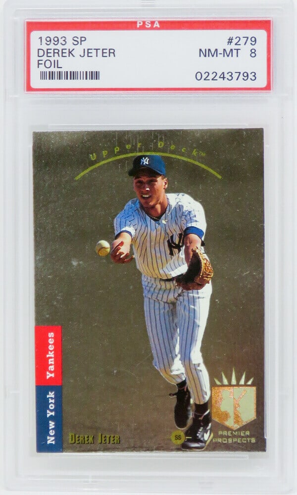 Derek Jeter 1993 SP Foil RC #279 PSA 8 New York Yankees: Derek Jeter 1993 SP Foil RC #279 PSA 8 New York Yankees This listing features a Derek Jeter 1993 SP Foil rookie card, numbered #279, encapsulated and graded as Near Mint - Mint (NM-MT) 8 by Profession