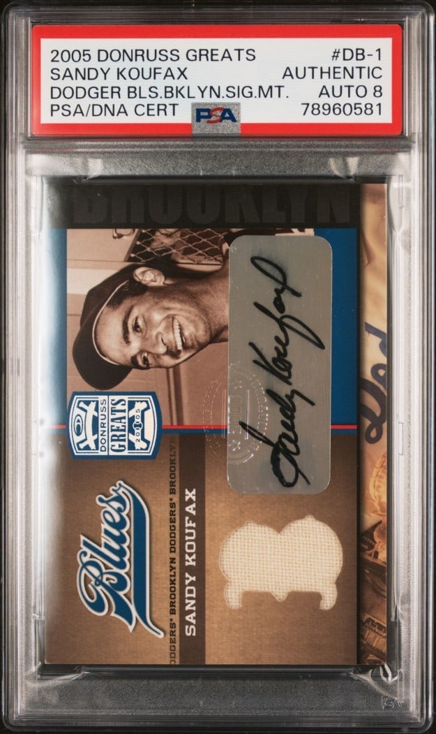Sandy Koufax 2005 Donruss Greats Dodgers Blues Brooklyn Patch PSA 8: Sandy Koufax 2005 Donruss Greats Dodgers Blues Brooklyn Patch PSA 8 This is a 2005 Donruss Greats baseball card featuring Hall of Famer Sandy Koufax, known for his remarkable career with the Los Angel