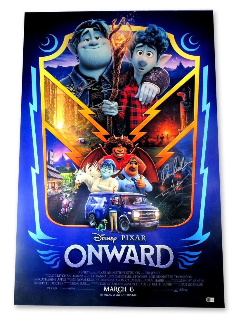 Onward Movie Cast Signed 27x40 Poster Chris Pratt Tom Holland BAS: Onward Movie Cast Signed 27x40 Poster Chris Pratt Tom Holland BAS This remarkable 27X40 poster from the animated film "Onward" features authentic signatures from the talented cast, including Chris Pra