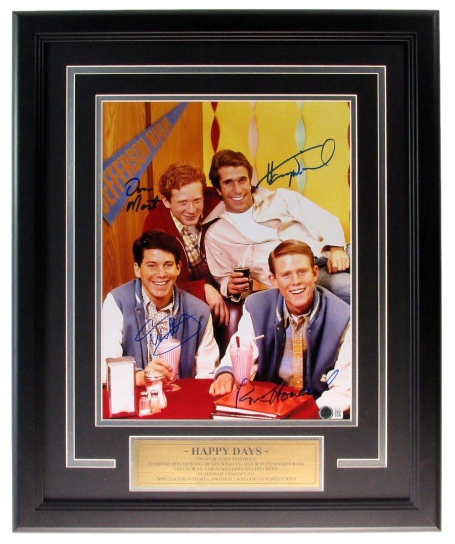 Framed 11x14 Photo Signed by Four Happy Days Stars BAS Authenticated: Framed 11x14 Photo Signed by Four Happy Days Stars BAS Authenticated This framed 11x14 photo features authentic signatures from four principal cast members of the television show Happy Days: Ron Howar