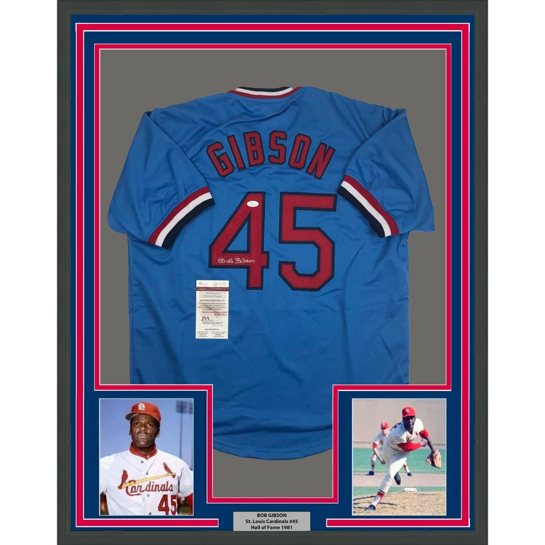 Framed Bob Gibson Autographed St. Louis Cardinals Jersey JSA COA: Framed Bob Gibson Autographed St. Louis Cardinals Jersey JSA COA Celebrate the legacy of Bob Gibson with this professionally framed and autographed St. Louis Cardinals jersey. This stunning piece feat