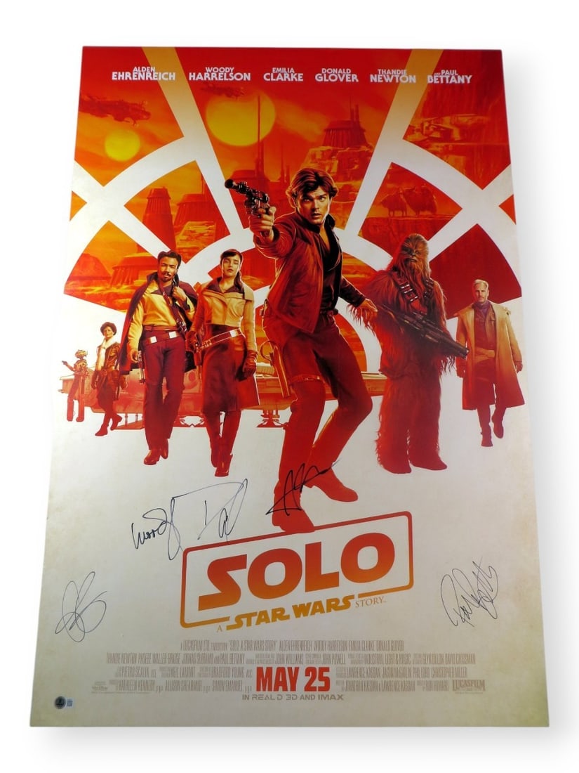 Solo A Star Wars Story Autographed 27x40 Poster Ehrenreich Harrelson Glover Beckett Authenticated: Solo A Star Wars Story Autographed 27x40 Poster Ehrenreich Harrelson Glover Beckett Authenticated This is an original 27" x 40" poster for "Solo: A Star Wars Story," featuring autographs from the film