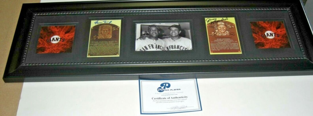 Framed Giants Plaque Signed by Willie Mays Juan Marichal with COA: Framed Giants Plaque Signed by Willie Mays Juan Marichal with COA This framed and signed photo features Hall of Famers Willie Mays and Juan Marichal of the San Francisco Giants. The item is an origina