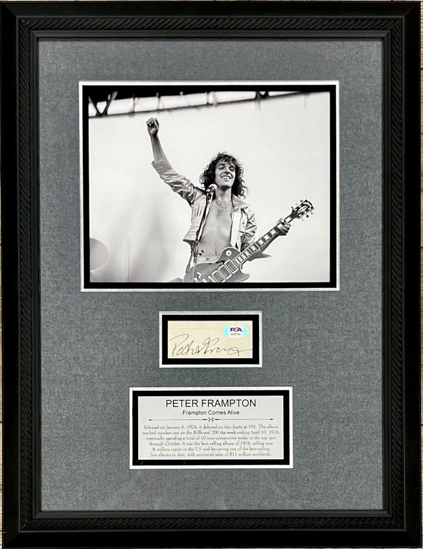Framed Peter Frampton Signed Cut Signature Display PSA Authenticated 22 x 17: Framed Peter Frampton Signed Cut Signature Display PSA Authenticated 22 x 17 This beautifully framed display features a cut signature from music legend Peter Frampton, known for his work with bands li
