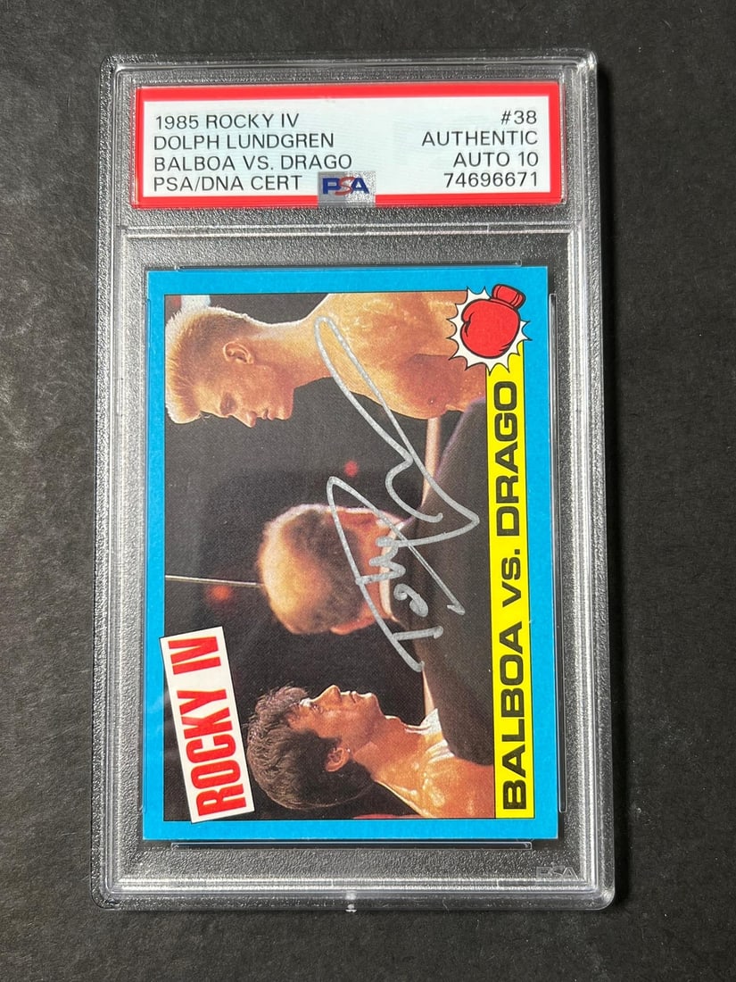 1985 Topps Rocky IV Dolph Lundgren Signed Card PSA Auto 10 Ivan Drago: 1985 Topps Rocky IV Dolph Lundgren Signed Card PSA Auto 10 Ivan Drago This is a 1985 Topps Rocky IV #38 sports trading card, autographed by Dolph Lundgren, who portrayed Ivan Drago in the film. The si