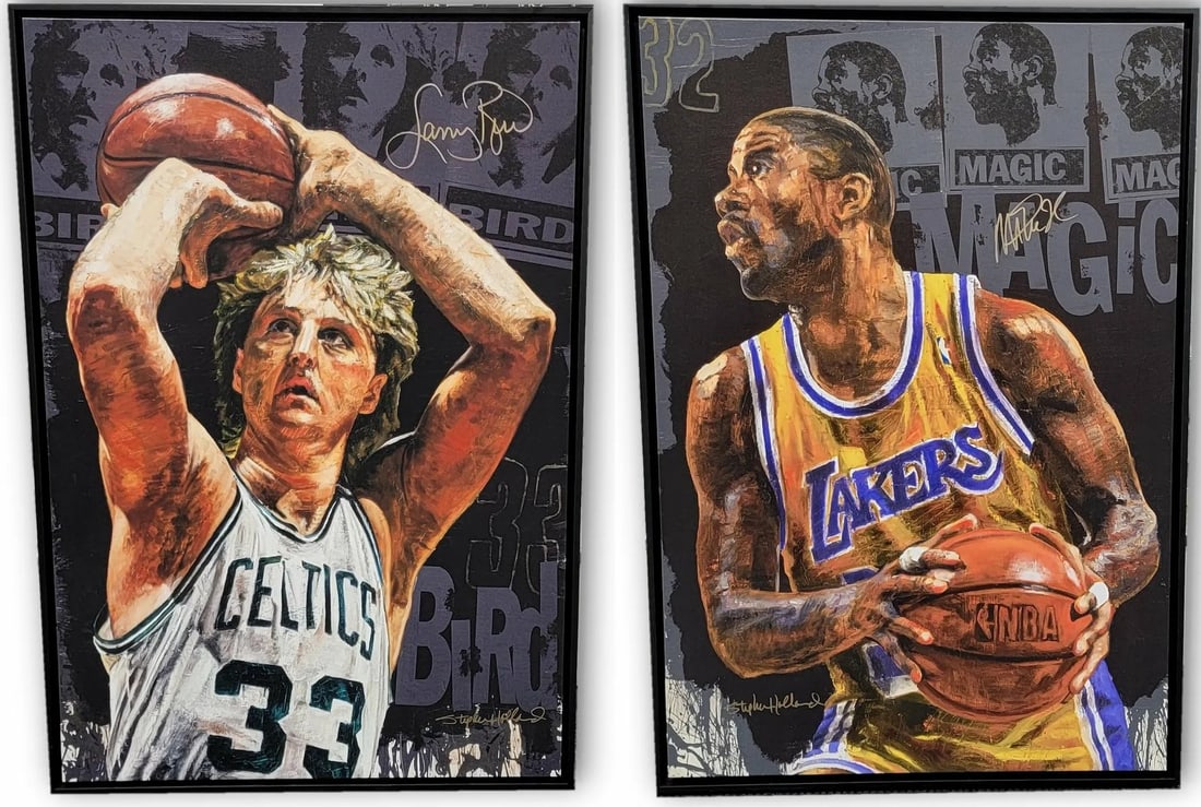 Larry Bird Magic Johnson Autographed 30x43 Framed Canvas Limited Edition (1 of 8)