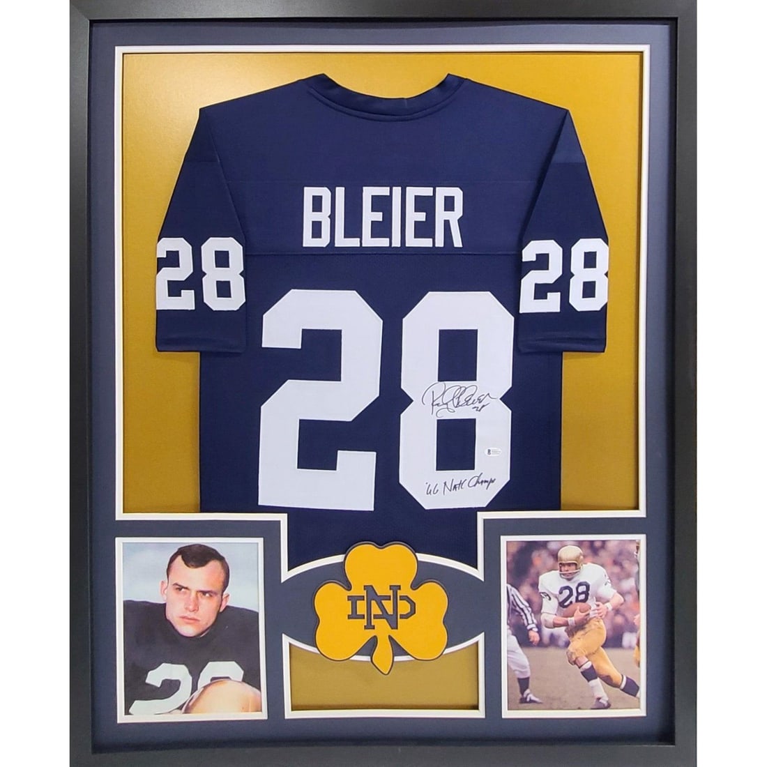 Framed Notre Dame Jersey Signed by Rocky Bleier Beckett Authenticated: Framed Notre Dame Jersey Signed by Rocky Bleier Beckett Authenticated This is a framed Notre Dame jersey autographed by Rocky Bleier and authenticated by Beckett. The display features a UV-protected a