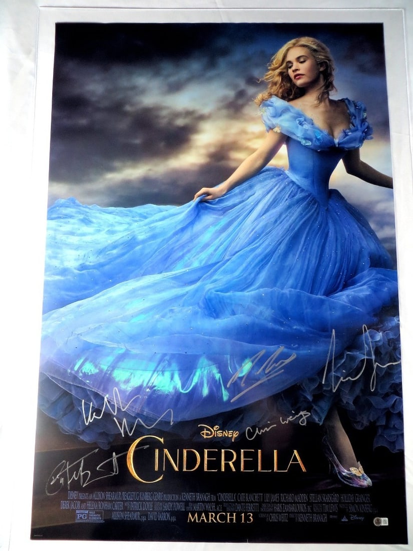 Cinderella Cast Signed 27x40 Poster Beckett Authenticated: Cinderella Cast Signed 27x40 Poster Beckett Authenticated This original autographed poster from the movie Cinderella features signatures from key cast members including Lily James, Cate Blanchett, Ken