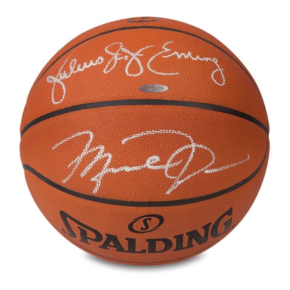 Michael Jordan Julius Erving Autographed Spalding Basketball Upper Deck Authenticated: Michael Jordan Julius Erving Autographed Spalding Basketball Upper Deck Authenticated This authentic Spalding basketball features dual autographs from basketball legends Michael Jordan and Julius Ervi
