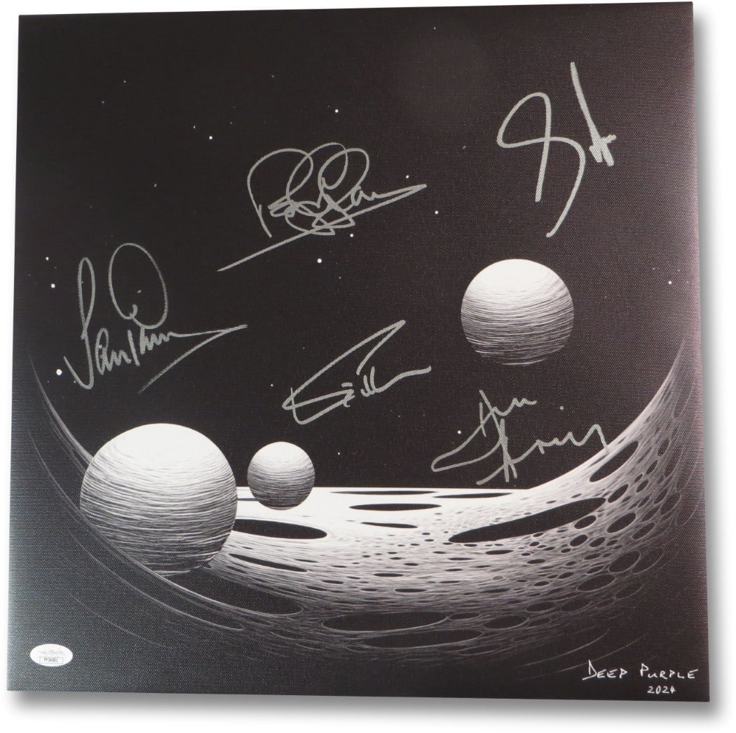 Deep Purple Band Autographed 15.5X15.5 Canvas with 5 Signatures JSA: Deep Purple Band Autographed 15.5X15.5 Canvas with 5 Signatures JSA This is an original autographed canvas featuring the iconic rock band Deep Purple. Measuring approximately 15.5 x 15.5 inches, this