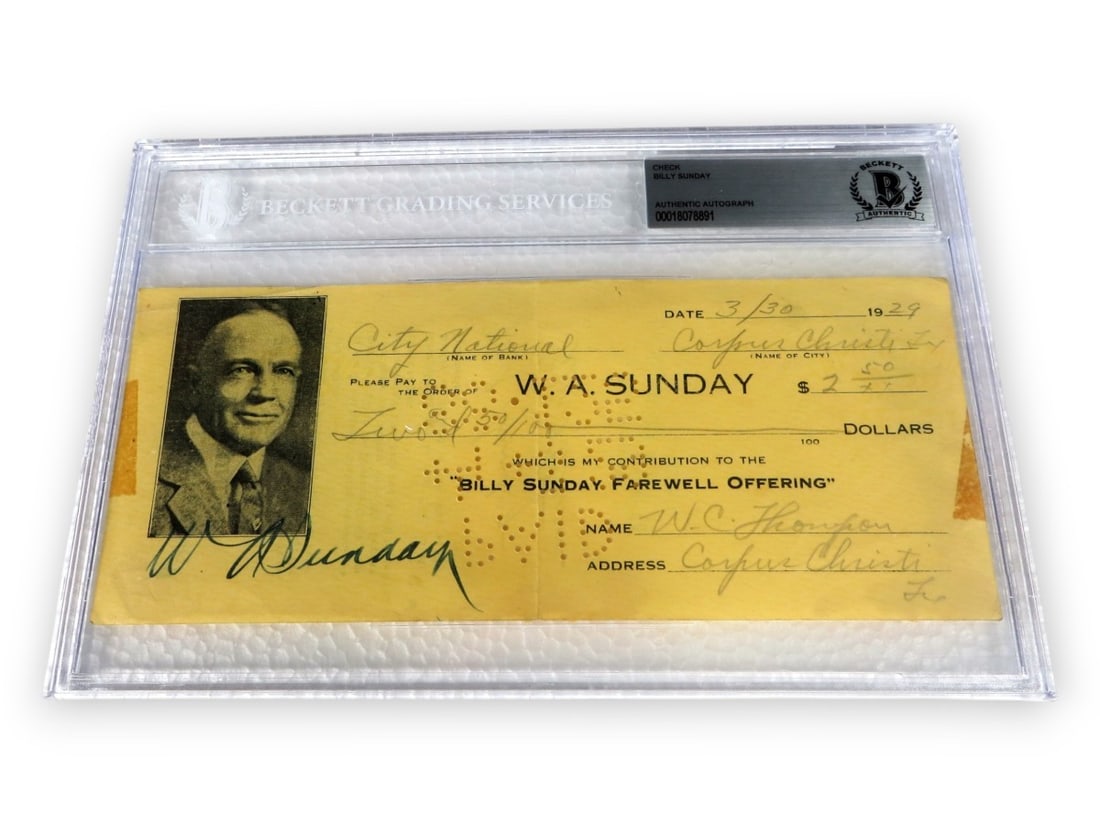 Billy W.A. Sunday Autographed Bank Check New York Yankees Beckett Authenticated 1929: Billy W.A. Sunday Autographed Bank Check New York Yankees Beckett Authenticated 1929 This is an original bank check signed by the legendary baseball player Billy W.A. Sunday, dated 1929. The check