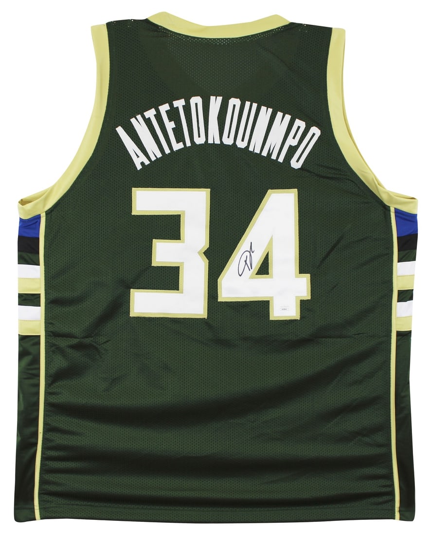 Giannis Antetokounmpo Signed Green Pro Style Jersey with JSA COA: Giannis Antetokounmpo Signed Green Pro Style Jersey with JSA COA This authentic green pro style jersey, personally signed by Giannis Antetokounmpo, showcases the star player of the Milwaukee Bucks.