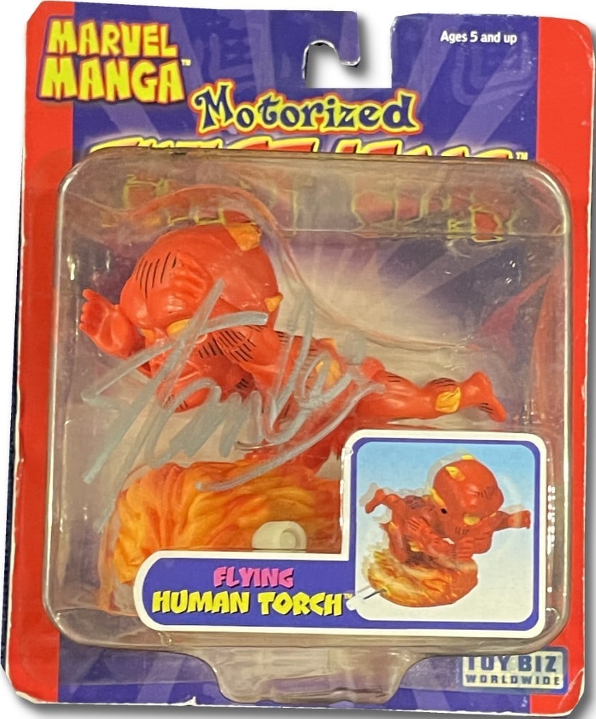 Stan Lee Signed 3 Flying Human Torch Figure Marvel JSA Authenticated: Stan Lee Signed 3 Flying Human Torch Figure Marvel JSA Authenticated This is a 3-inch Flying Human Torch figure from Marvel Manga, autographed by the legendary Stan Lee. The signature has been authent