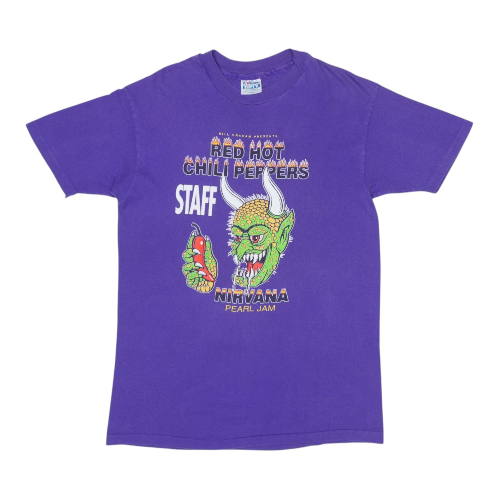 Vintage 1991 Nirvana New Years Eve Staff Purple Cotton T Shirt: Vintage 1991 Nirvana New Years Eve Staff Purple Cotton T Shirt This is an original vintage 1991 Nirvana New Year's Eve Concert Staff Shirt. It features both front and back graphics and is made of 100%