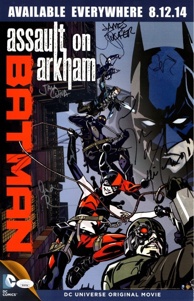 Batman Assault on Arkham Signed 11x17 Poster 8 Autographs JSA: Batman Assault on Arkham Signed 11x17 Poster 8 Autographs JSA This original Batman Assault on Arkham poster is a striking piece of memorabilia, measuring 11" x 17". It features the signatures of sever