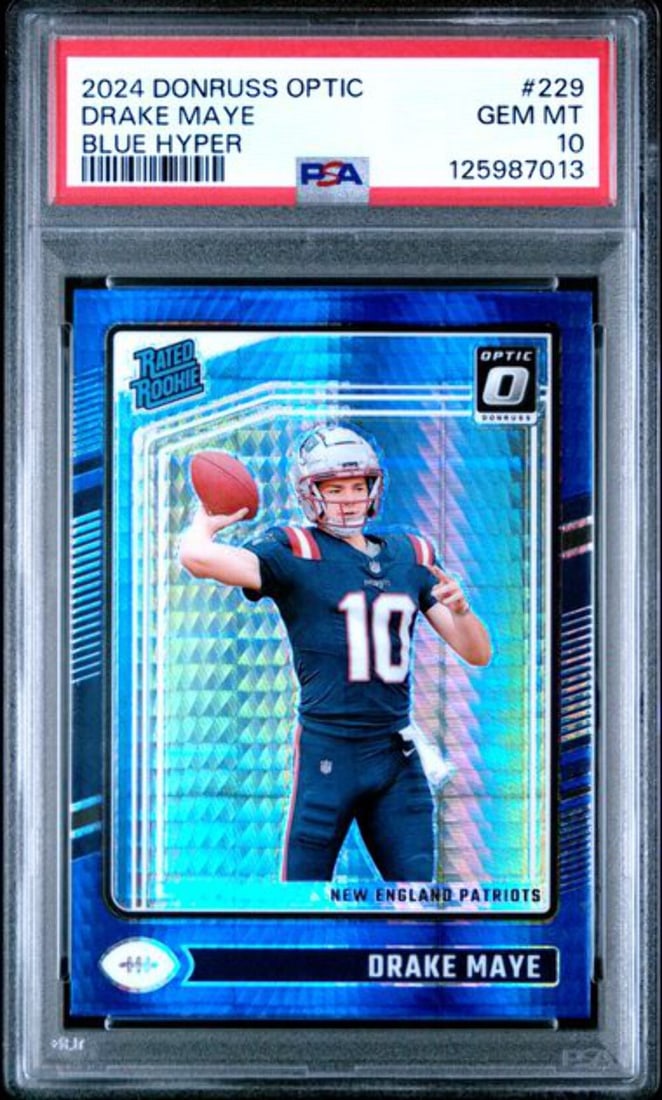 2024 Donruss Optic Drake Maye #229 Blue Hyper RC PSA 10 Football Card: 2024 Donruss Optic Drake Maye #229 Blue Hyper RC PSA 10 Football Card This is a graded 2024 Donruss Optic Drake Maye #229 Blue Hyper RC Football Card, encapsulated and graded by Professional Sports Au