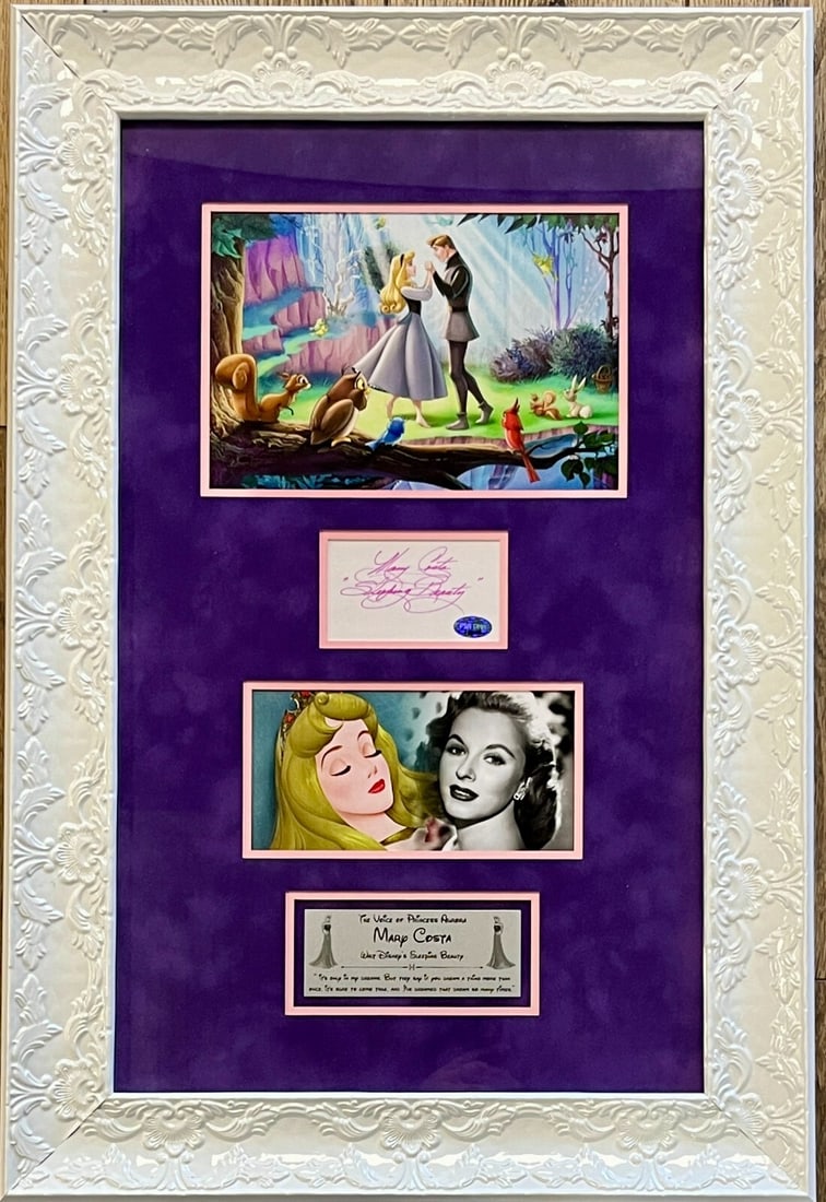 Mary Costa Signed Display Voice of Sleeping Beauty PSA Authenticated: Mary Costa Signed Display Voice of Sleeping Beauty PSA Authenticated This stunning custom framed display features a cut signature from Mary Costa, renowned for her role as the voice of Sleeping Beauty
