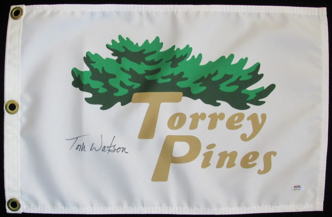 Torrey Pines Golf Flag Signed by Tom Watson PSA DNA Authenticated: Torrey Pines Golf Flag Signed by Tom Watson PSA DNA Authenticated This is an original Torrey Pines pin flag autographed by Tom Watson. The signature has been authenticated by Professional Sports Authe