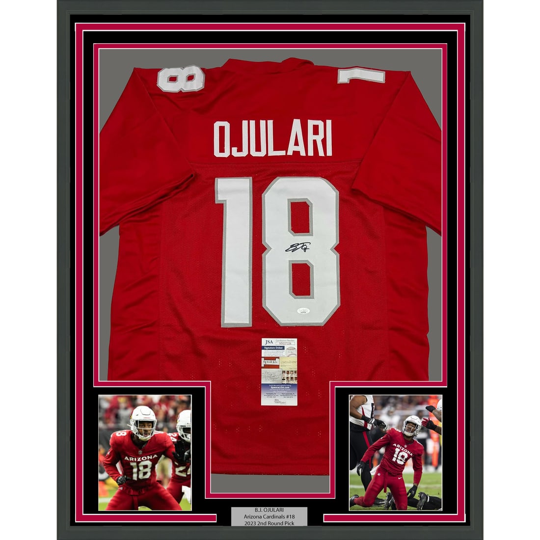Framed B.J. Ojulari Autographed Arizona Cardinals Jersey JSA COA: Framed B.J. Ojulari Autographed Arizona Cardinals Jersey JSA COA Showcase your team spirit with this professionally framed and matted autographed B.J. Ojulari Arizona Cardinals jersey. Measuring 35x39