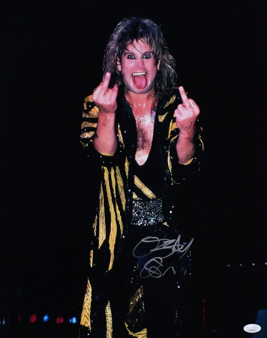 Signed Ozzy Osbourne 16x20 Photo with Middle Finger Pose JSA Authenticated: Signed Ozzy Osbourne 16x20 Photo with Middle Finger Pose JSA Authenticated This 16x20 photo features Ozzy Osbourne and has been autographed by him. The item is an original photo and comes from the Uni