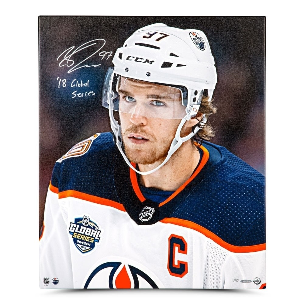 Connor McDavid Autographed 20x24 Canvas Photo Limited Edition /97: Connor McDavid Autographed 20x24 Canvas Photo Limited Edition /97 This is an original Connor McDavid signed autographed 20X24 canvas photo, featuring the Edmonton Oilers superstar in action. The item