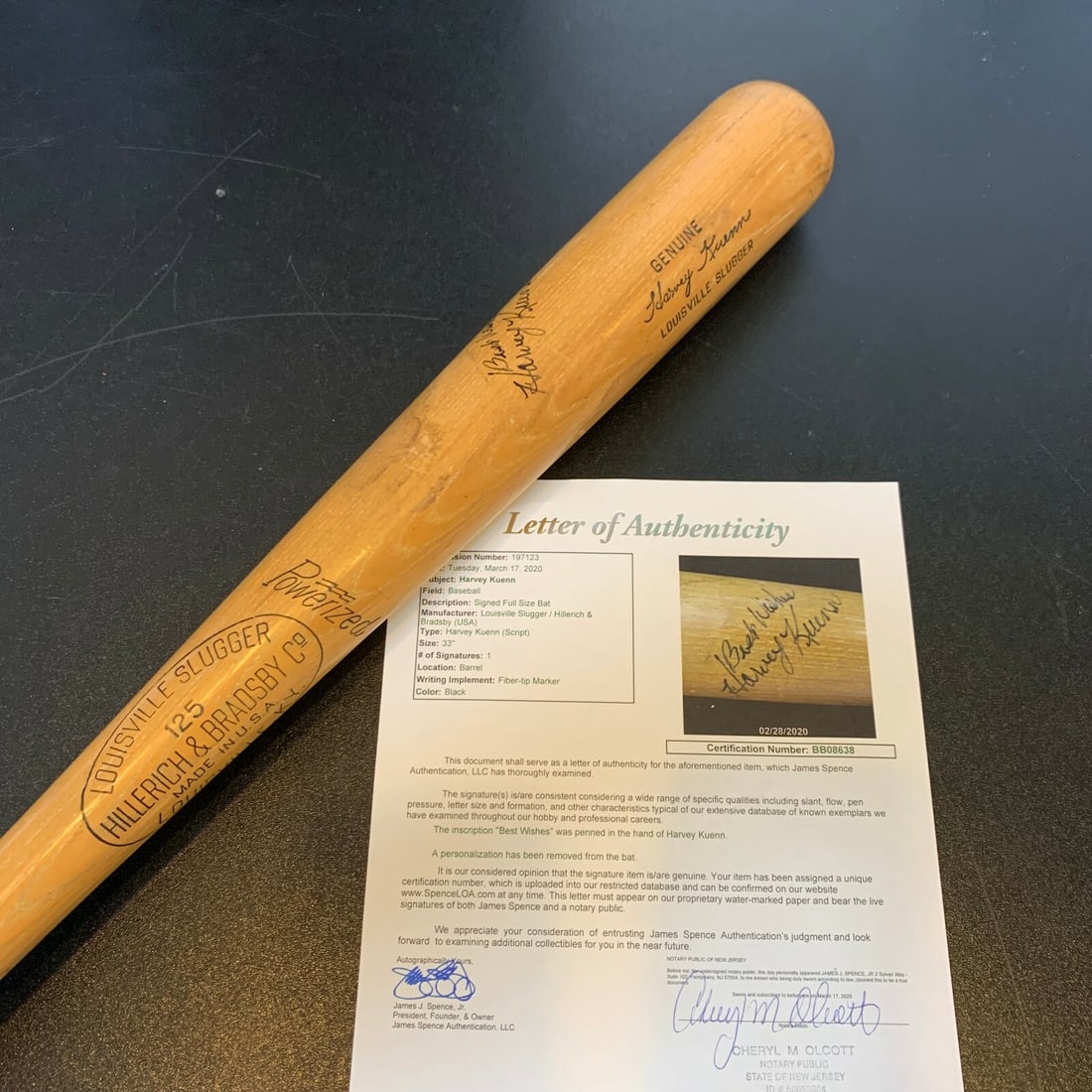 Harvey Kuenn 1950s Game Issued Bat Signed with JSA COA RARE: Harvey Kuenn 1950s Game Issued Bat Signed with JSA COA RARE This is a rare Harvey Kuenn signed Louisville Slugger bat, game issued and dating back to the 1950s. The bat is a signature model H&B 125, m