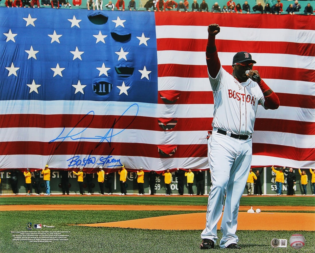 David Ortiz Signed 16x20 Photo Boston Strong BAS Witnessed: David Ortiz Signed 16x20 Photo Boston Strong BAS Witnessed This original 16x20 horizontal photo features a personally signed autograph from David Ortiz, the legendary player of the Boston Red Sox, alo