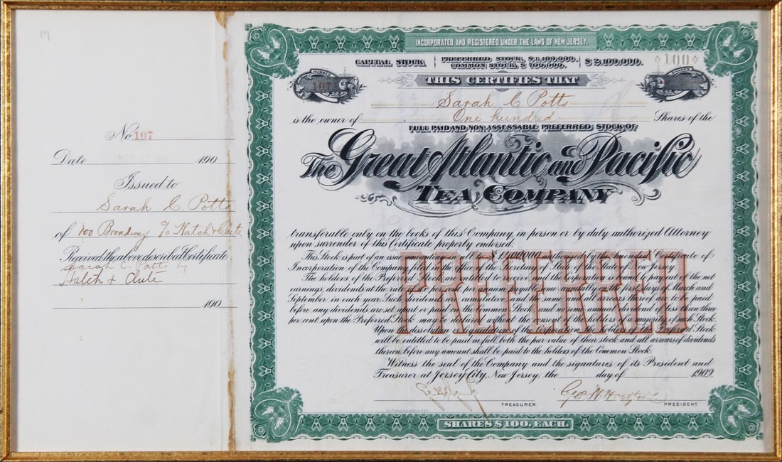 George Huntington Hartford Signed Framed Stock Certificate BAS Certified 9.5x16 - 2