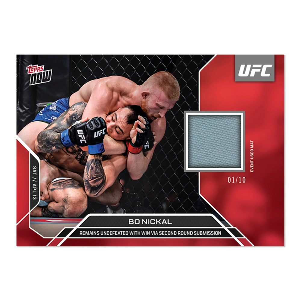2024 Topps Now Bo Nickal #3B Limited Edition Fight Mat Relic UFC Card: 2024 Topps Now Bo Nickal #3B Limited Edition Fight Mat Relic UFC Card This is a 2024 Topps Now Bo Nickal #3B #/10 Fight Mat Relic UFC MMA Card. The card features an authentic piece of the fight mat,