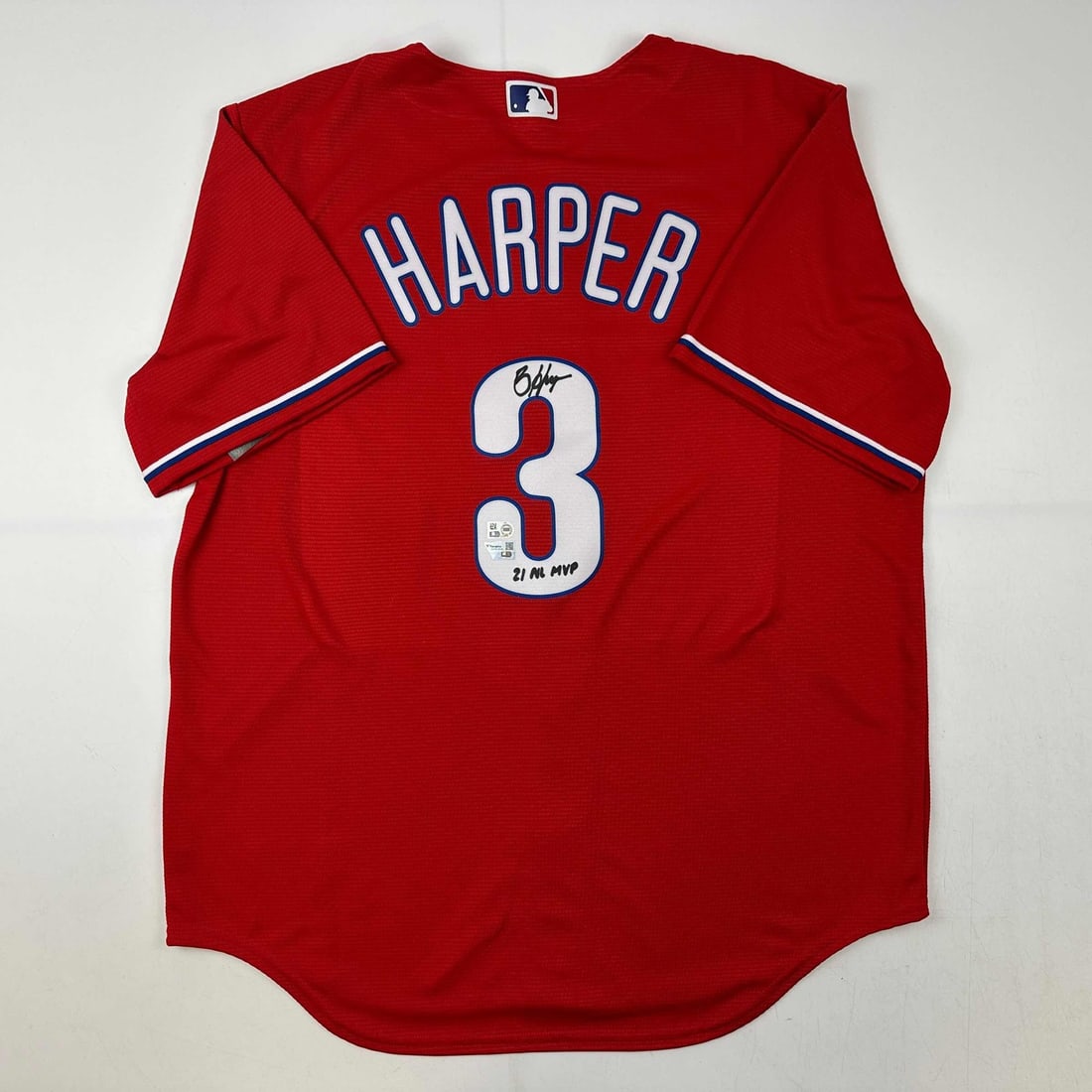 Bryce Harper Autographed Phillies Replica Jersey Fanatics COA: Bryce Harper Autographed Phillies Replica Jersey Fanatics COA This is an original autographed Bryce Harper 21 NL MVP Philadelphia Phillies replica jersey. The jersey features the player's signature, a