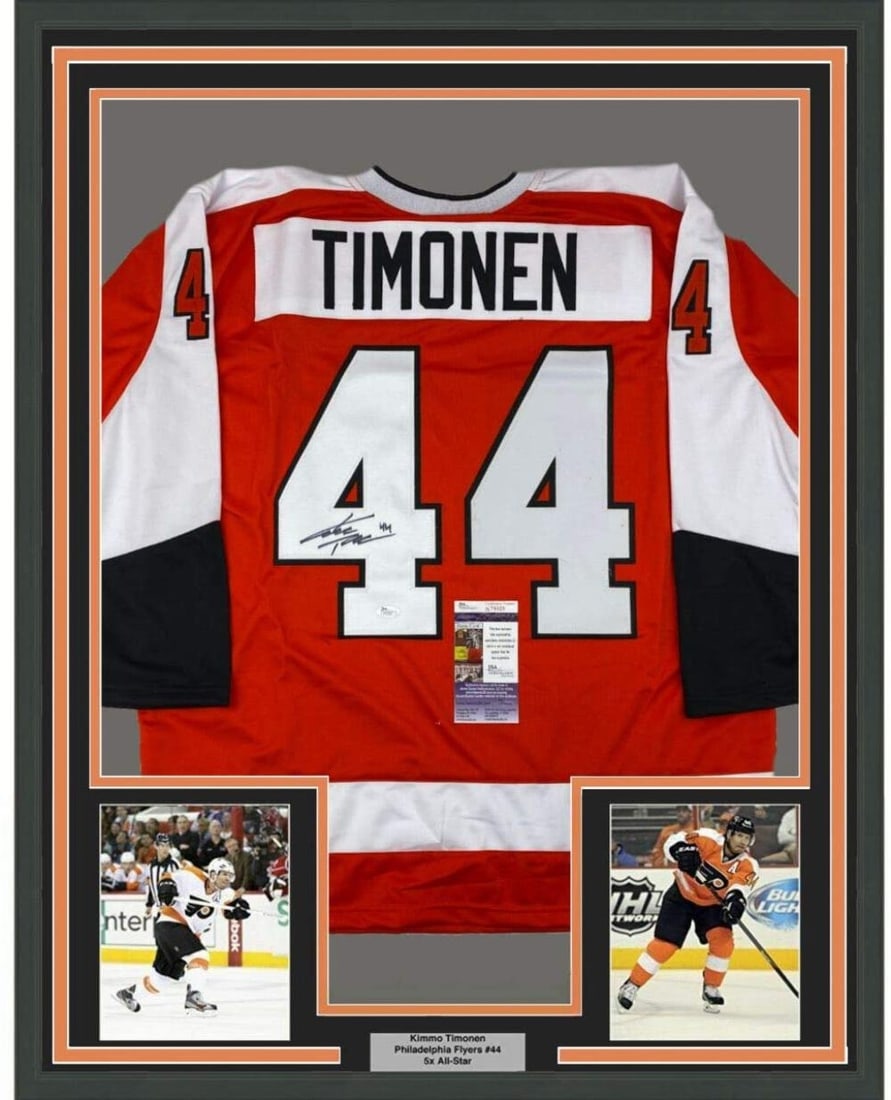 Framed Kimmo Timonen Autographed Jersey 33x42 with JSA COA: Framed Kimmo Timonen Autographed Jersey 33x42 with JSA COA Celebrate the legacy of Kimmo Timonen with this professionally framed autographed Philadelphia Flyers jersey. Measuring 33"x42", this strikin
