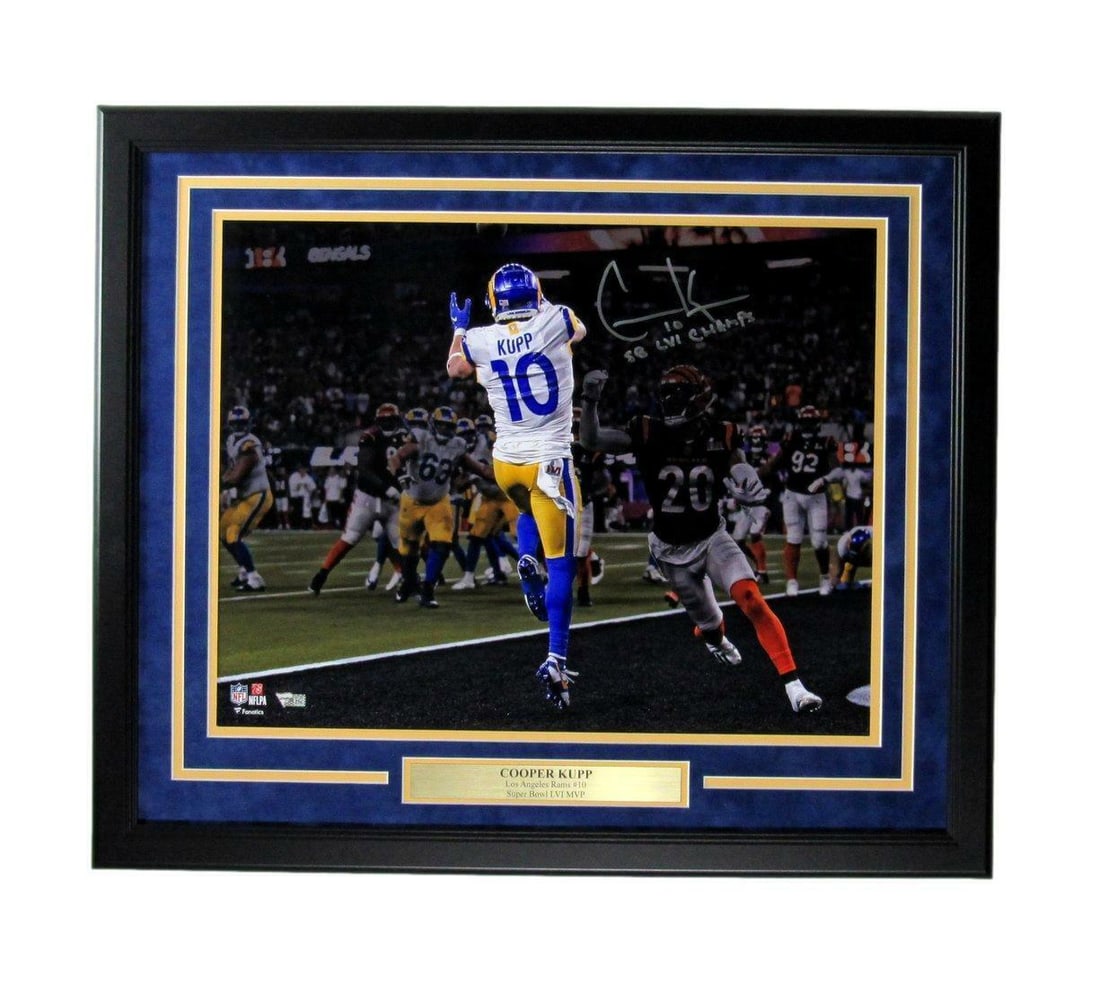Cooper Kupp Autographed 16x20 Photo Framed SB LVI Champs Rams: Cooper Kupp Autographed 16x20 Photo Framed SB LVI Champs Rams This stunning Cooper Kupp autographed 16x20 photo captures the Los Angeles Rams star in action, beautifully framed and ready for display.