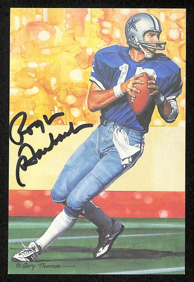 1991 Goal Line Art Postcard Autographed by Roger Staubach PSA/DNA Authenticated: 1991 Goal Line Art Postcard Autographed by Roger Staubach PSA/DNA Authenticated This is an original 1991 GLAC/Goal Line Art postcard featuring Roger Staubach of the Dallas Cowboys. The postcard is sig