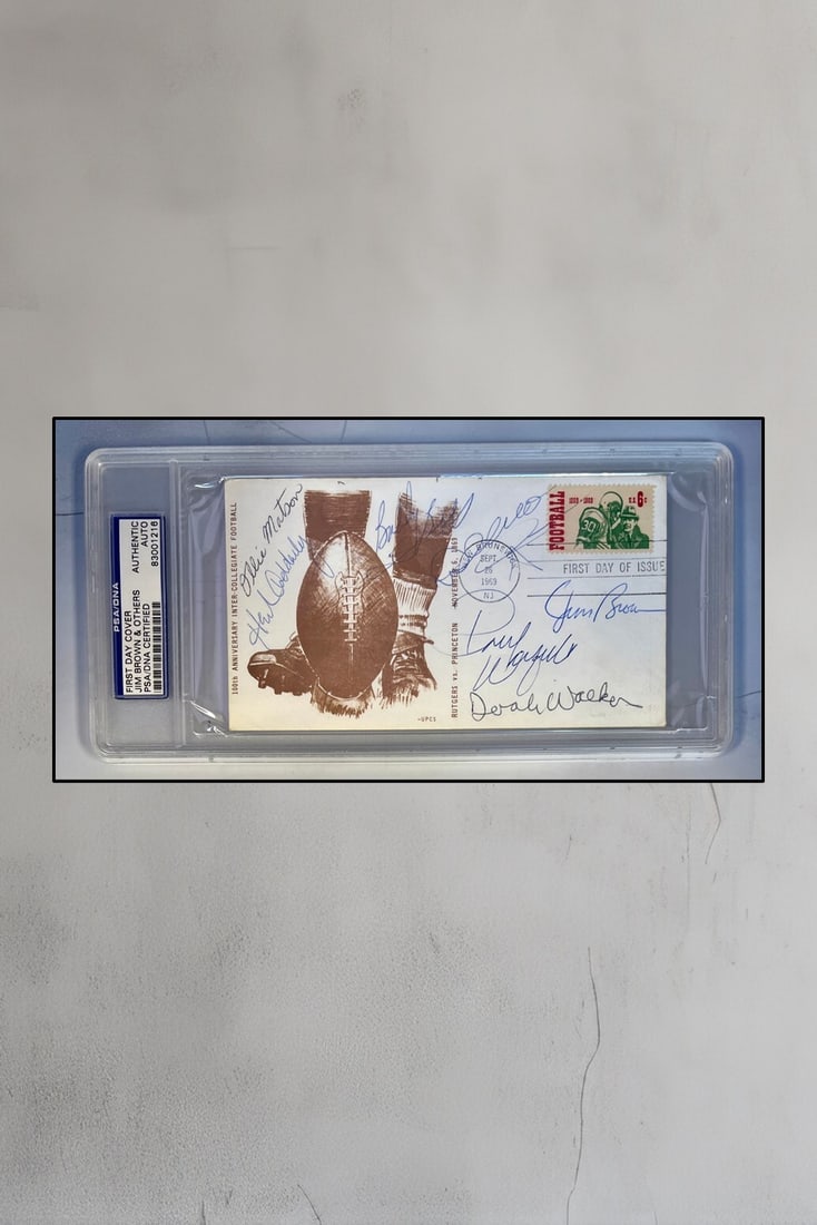 College Football FDC Signed by 7 Hall of Famers PSA Authenticated: College Football FDC Signed by 7 Hall of Famers PSA Authenticated Celebrate the rich history of college football with this First Day Cover (FDC) that commemorates the 100th Anniversary of the sport. T