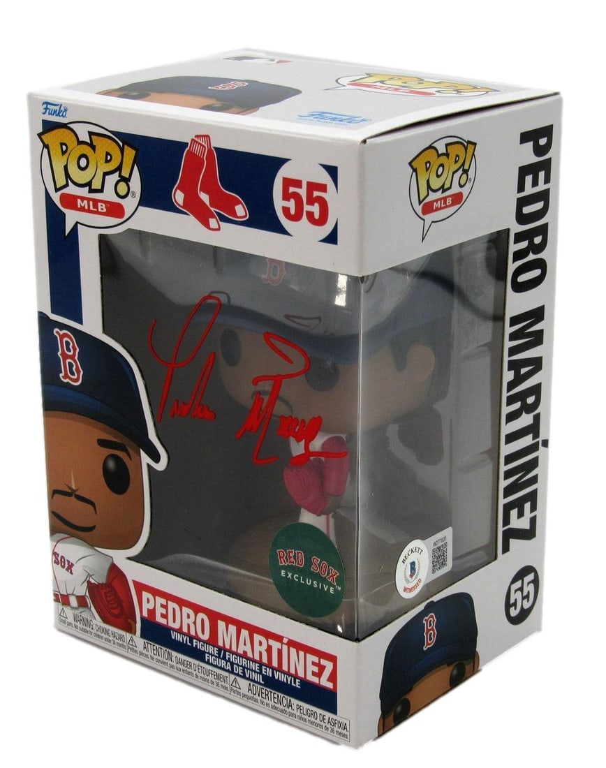 Pedro Martinez Autographed Funko POP! #55 Red Sox BAS Beckett: Pedro Martinez Autographed Funko POP! #55 Red Sox BAS Beckett This offering features a Pedro Martinez Hall of Fame Autographed Funko POP! #55 figurine, dressed in a white uniform representing the Bost