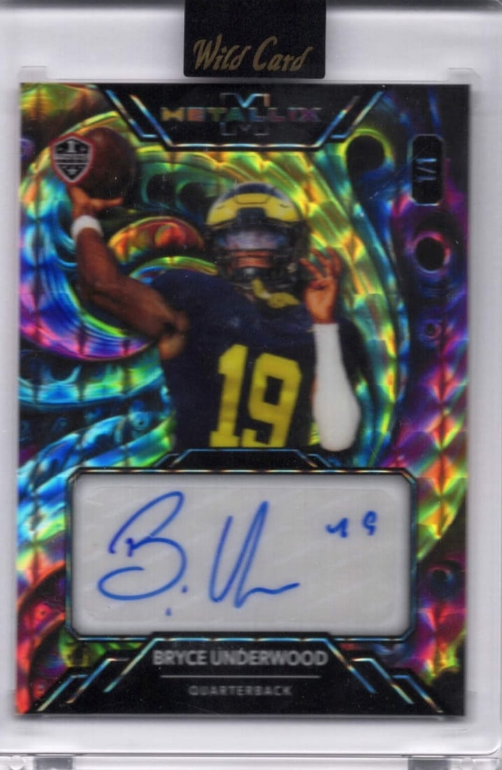 2025 Wild Card Metallix Bryce Underwood 1/1 Rainbow Auto Rookie Card: 2025 Wild Card Metallix Bryce Underwood 1/1 Rainbow Auto Rookie Card Celebrate the talent of Bryce Underwood with this rare 2025 Wild Card Metallix #WMFABU Rainbow Auto 1/1 Rookie Card. This authentic