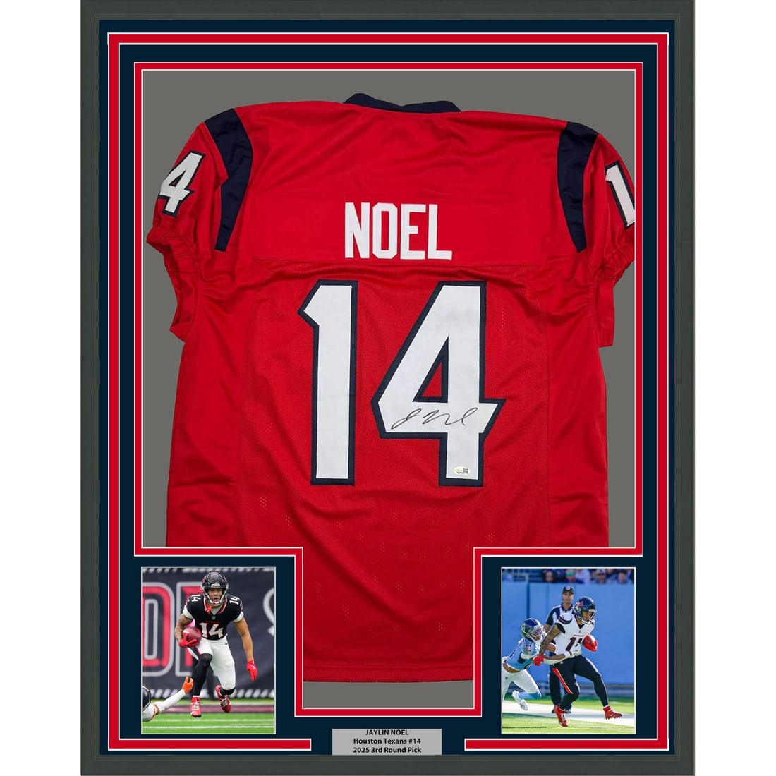 Jaylin Noel Signed Houston Texans Red Jersey Framed Display with JSA Authentication: Jaylin Noel Signed Houston Texans Red Jersey Framed Display with JSA Authentication This professionally framed and matted display features a Houston Texans red football jersey autographed by Jaylin No