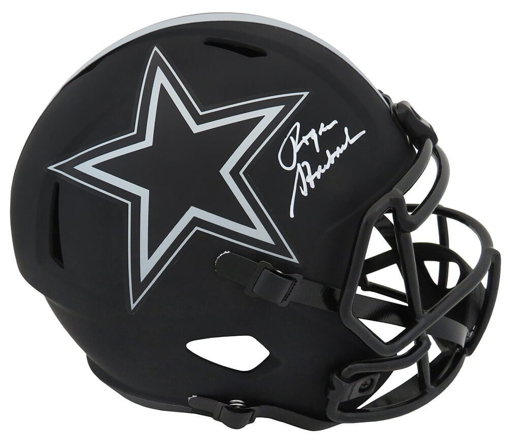 Roger Staubach Signed Dallas Cowboys Eclipse Riddell Helmet with COA: Roger Staubach Signed Dallas Cowboys Eclipse Riddell Helmet with COA This is a signed full-size replica helmet of Roger Staubach, featuring the Dallas Cowboys Eclipse black matte design. The helmet sh